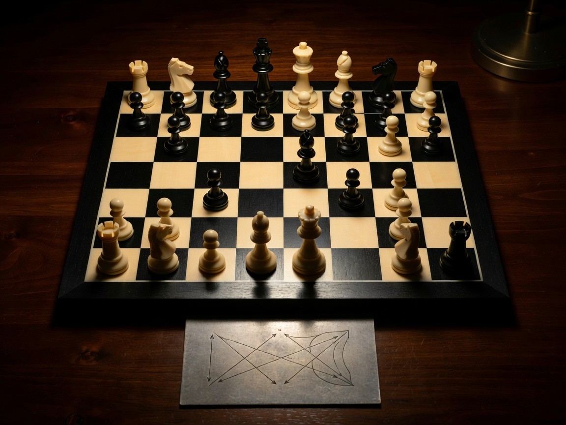 Chessboard with tactical motifs including pin, fork and mating net ideas