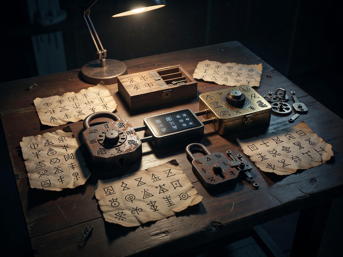 Escape room style puzzle objects with locks, symbols and clue cards