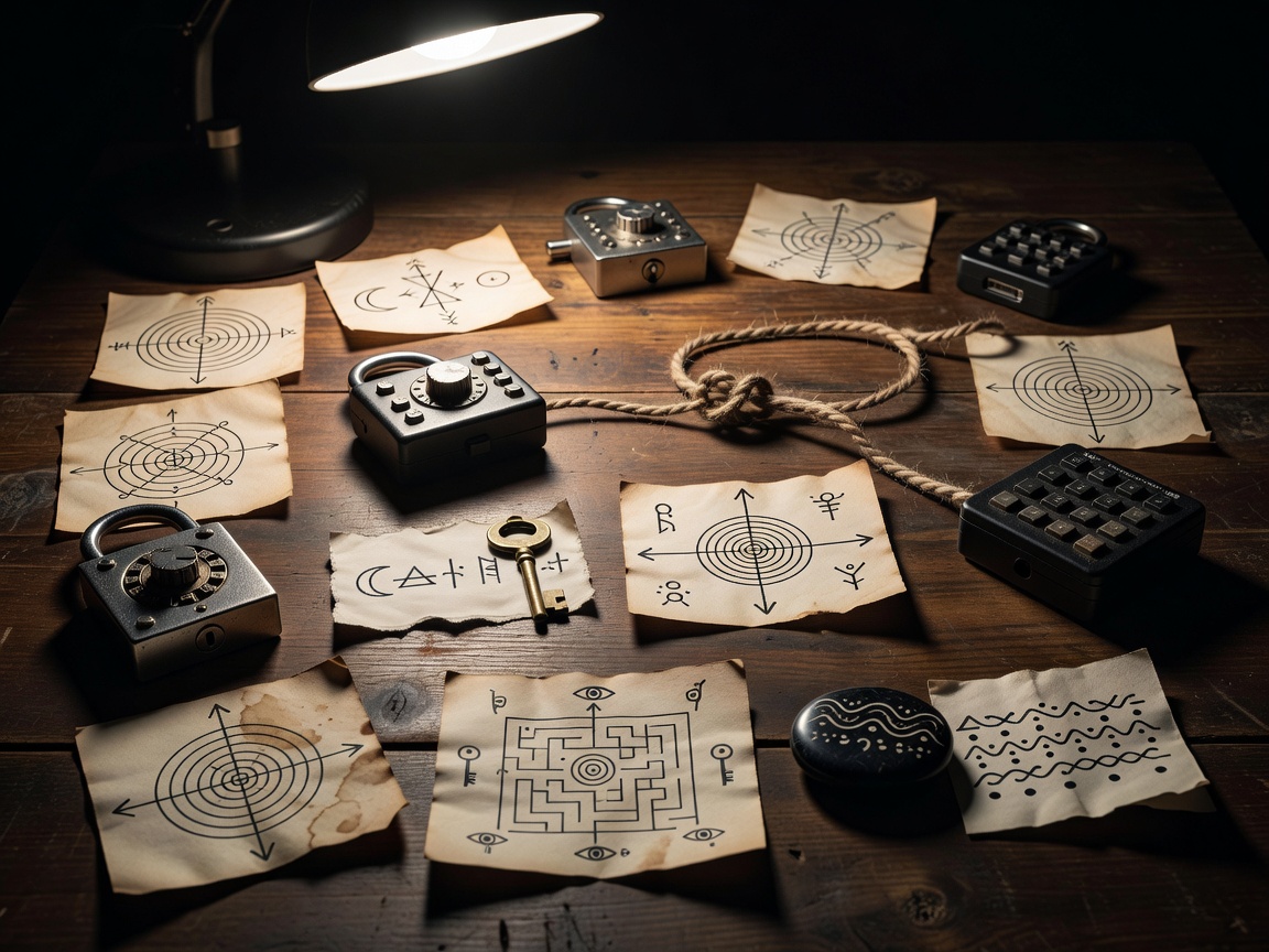 Escape room puzzle props with coded locks, notes and symbols arranged in sequence